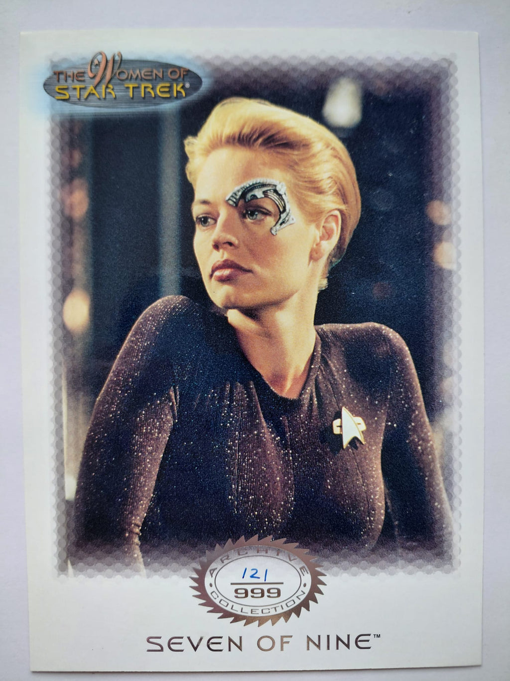 Trading card featuring Seven of Nine from 'Star Trek' on a white background