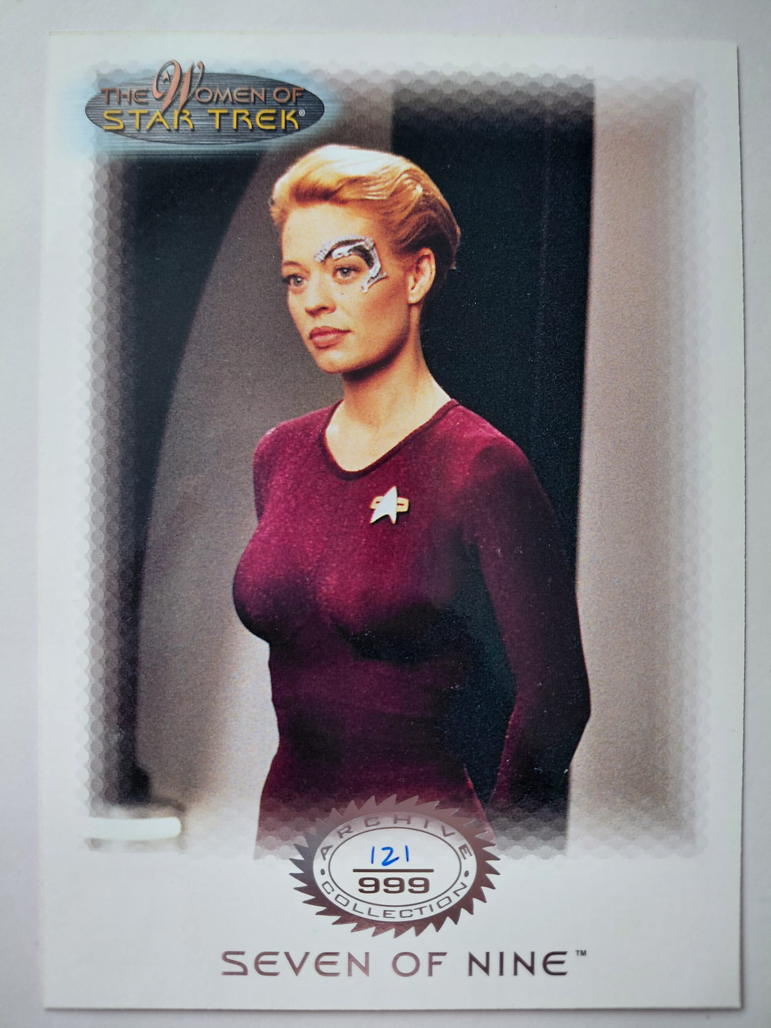 Trading card featuring Seven of Nine from Star Trek with a white border.