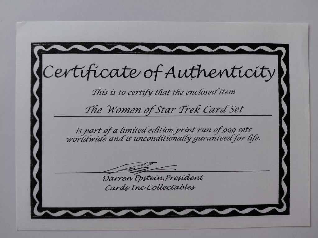 Certificate of Authenticity for a Star Trek card set on a white background