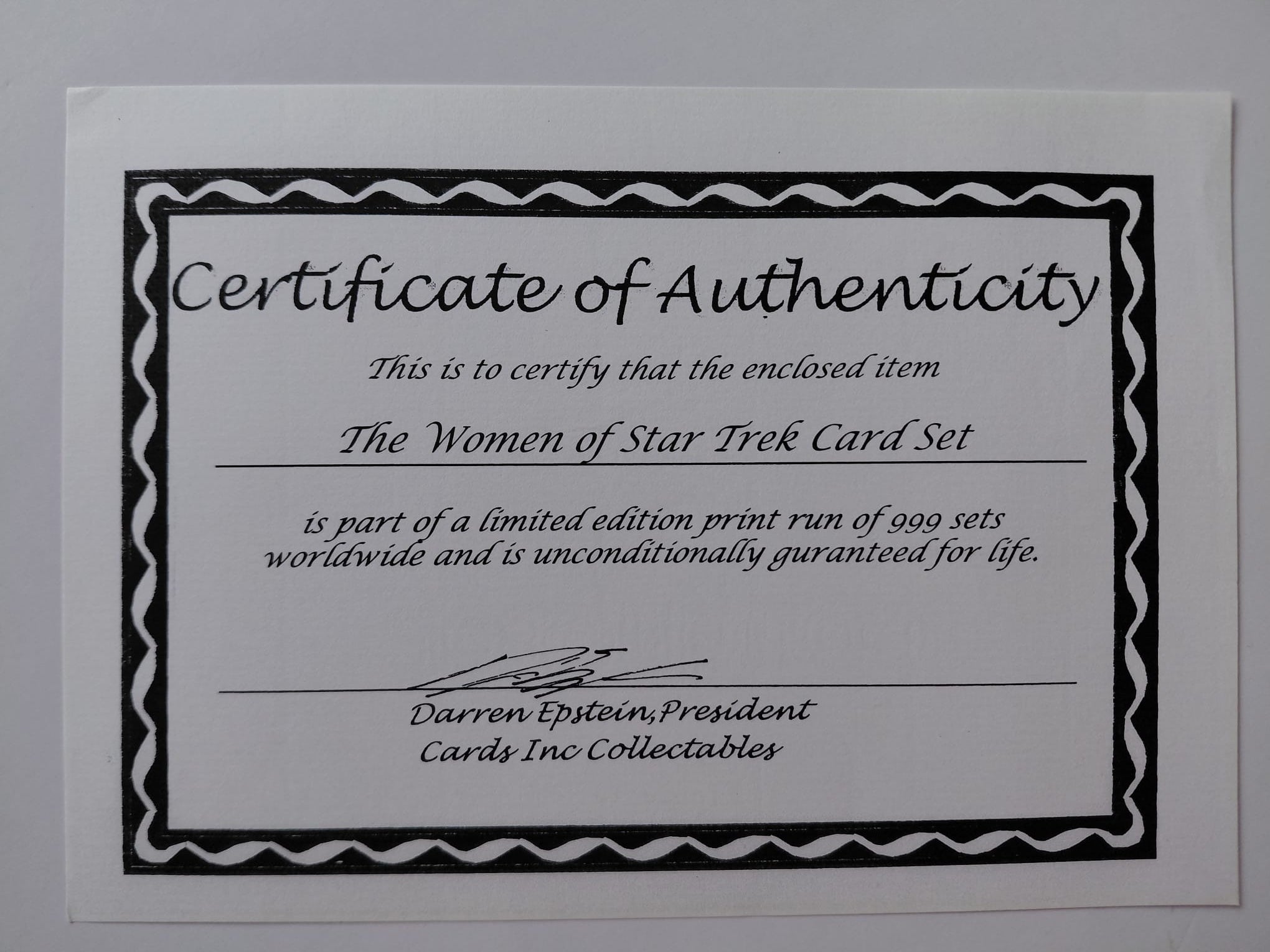Certificate of Authenticity for a Star Trek card set on a white background
